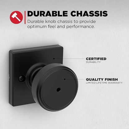 Kwikset Maven Interior Privacy Door Knob with Lock, Square Door Handle for Bathroom and Bedroom, Matte Black Keyless Turn Lock Doorknob, with Microban Protection