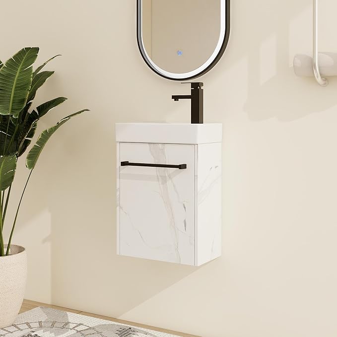 Malwee 16" Floating Bathroom Vanity with Sink, 16 inch Modern White Wall Mounted Bathroom Cabinet Combo for Small Space, Narrow Bath Wall-Hung Vanity Set with 1 Ceramic Basin and 1 Door(16cw)