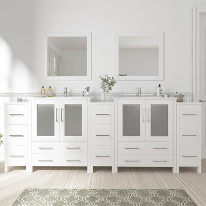 Vanity Art 96 Inch Under Mount Double Sink Bathroom Vanity Cabinet with 2 Mirrors, Ceramic Top Bathroom Cabinet Compact Set with 13 Dovetail Storage Drawers, VA3030-96-W