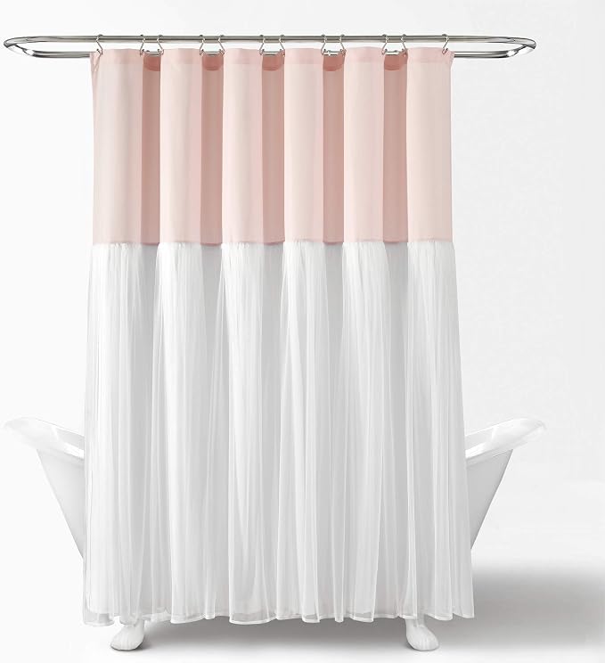 Lush Decor Tulle Skirt Colorblock Shower Curtain Single 72" W x 72" L Blush & White - Fabric Shower Curtains for Bathroom - Cute Bathroom Curtain