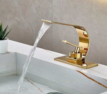 becola Modern Bathroom Sink Faucet, Single Handle Bathroom Faucets for Sink 1 Hole, Low Arc Touch On Faucet, Gold Hot and Cold Water Mixer Tap with Deck Plate - Gold