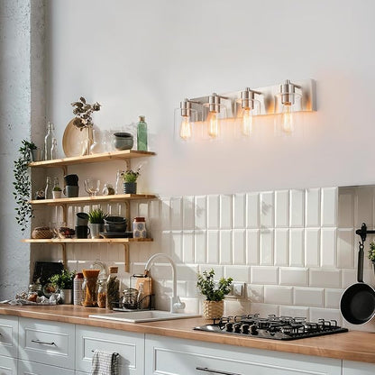 4-Light Bathroom Vanity Light Fixtures, Modern Bathroom Light Fixture with Clear Glass Brushed Nickel Finish Vanity Lights Over Mirror for Kitchen Bedroom Living Room