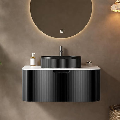 Yayzy 36" Floating Bathroom Vanity with Sink, Solid Wood Fluted Cabinet, Black Fluted Oval Ceramic Basin & Faux Marble Top, Soft-Close Drawer, Pre-Assembled, Gloss Black