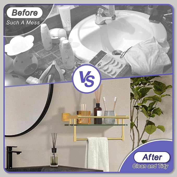 Bathroom Glass Shelf Brushed Gold Finish with Towel Rack, SUS304 Stainless Steel, 16-inch Tempered Glass Shelves for Wall