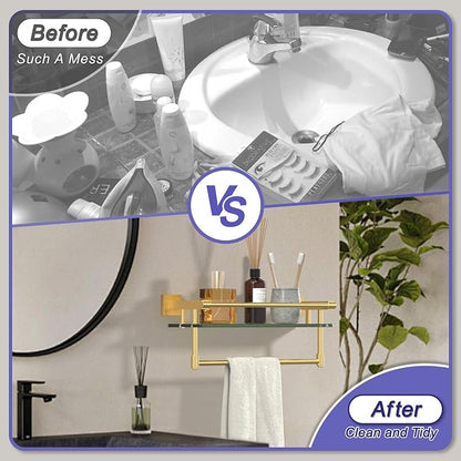 Bathroom Glass Shelf Brushed Gold Finish with Towel Rack, SUS304 Stainless Steel, 16-inch Tempered Glass Shelves for Wall