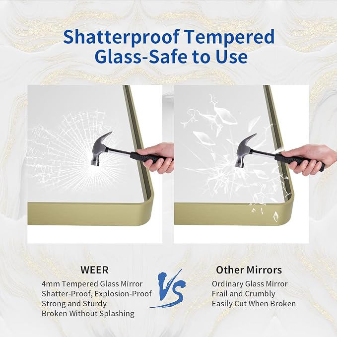 WEER 40X32 Inch Gold Bathroom Vanity Mirror | Rounded Rectangle Gold Mirror, Brushed Gold Metal Frame, Tempered Glass, Anti-Rust, Hangs Horizontally or Vertically