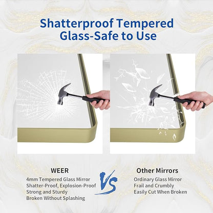 WEER 40X32 Inch Gold Bathroom Vanity Mirror | Rounded Rectangle Gold Mirror, Brushed Gold Metal Frame, Tempered Glass, Anti-Rust, Hangs Horizontally or Vertically