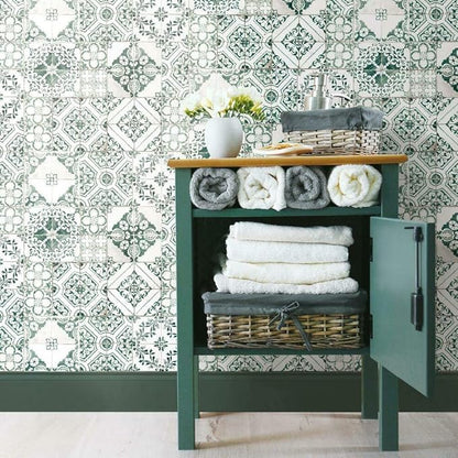 RoomMates RMK11281WP Forest Green Mediterranean Tile Peel and Stick Wallpaper
