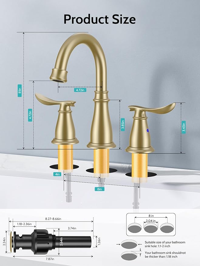 Brushed Gold Bathroom Faucet 3 Hole, 4 Inch Bathroom Sink Faucet with 2 Hot/Cold Handles, Pop-Up Drain, Lead-Free, No-Leak, RV Faucet for Bathroom Sink, Bath, Camper
