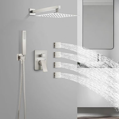 gotonovo Rainfall Shower System with Full Body Jets 4pcs Brushed Nickel | 12’’ Rainfall Shower Head with Handheld Spray Combo,Wall Mount,Rough-in Valve and Trim Kit,Brass Body Message Jets,All Metal