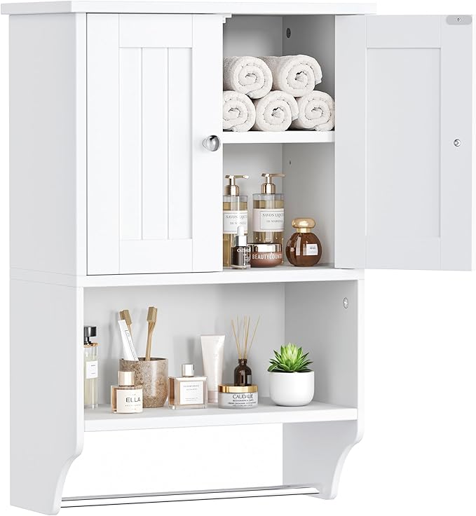 Small Bathroom Wall Cabinet with Towel Bar and Adjustable Shelf, Modern Medicine Cabinet with 2 Lined Doors, Wooden Over the Toilet Storage Cabinet for Kitchen, Living Room, Entryway, White