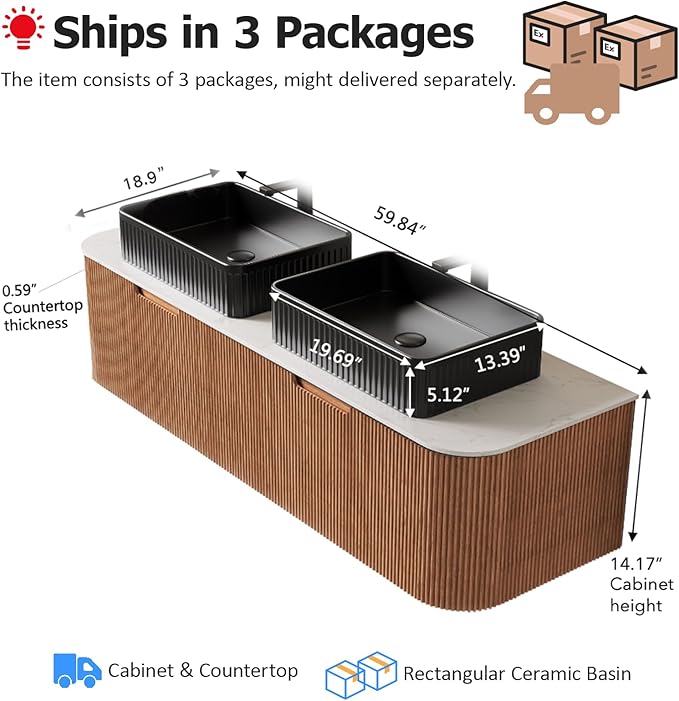 60" Floating Bathroom Vanity with Double Sink, Modern Bathroom Vanities with Marble Top and Rectangular Ceramic Sink, Soft-Close Design, Natural Solid Wood Cabinet, Pre-Assembled, Natural Wood