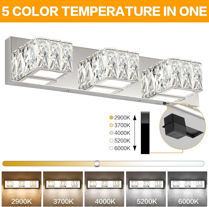 LED Bathroom Light Fixture - Modern 3 Light Crystal Vanity Light - Chrome Bathroom Wall Light 5CCT Dimmable