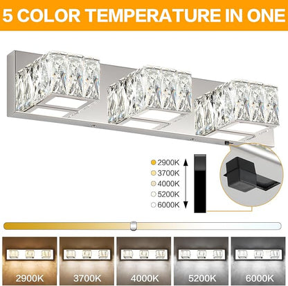 LED Bathroom Light Fixture - Modern 3 Light Crystal Vanity Light - Chrome Bathroom Wall Light 5CCT Dimmable