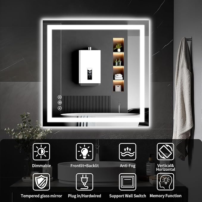 LED Bathroom Mirrors 32"x32" Bathroom Mirror with Lights for Wall, Backlit + Front Lit, 3 Colors, Anti-Fog, Dimmable Brightness for Vanity,Bathroom, Entryway, Living Room