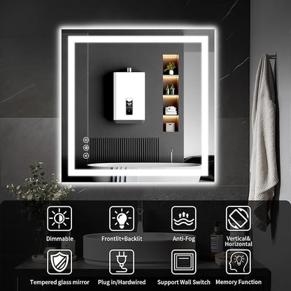 LED Bathroom Mirrors 32"x32" Bathroom Mirror with Lights for Wall, Backlit + Front Lit, 3 Colors, Anti-Fog, Dimmable Brightness for Vanity,Bathroom, Entryway, Living Room