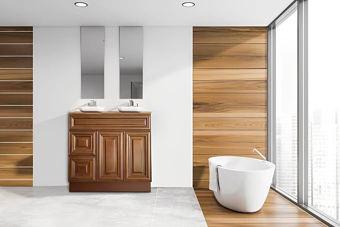 36" Maple Walnut Bathroom Vanity Base – Ready-to-Assemble Sink Cabinet with Drawers, Shaker Style Storage, Base Only, No Top or Sink