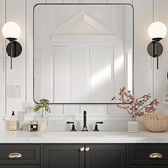 Black Bathroom Mirrors for Over Sink, 30x30 Inch Matte Black Mirror for Bathroom, Square Metal Vanity Mirror for Wall-Modern Clean Design with Superior Stainless Steel Frame