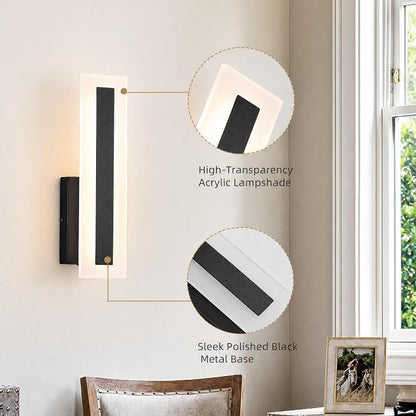 Hardwired Wall Sconces Set of 2 Dimmable Black LED Wall Light | 14Inch Modern Bathroom Vanity Light 3000K 3500K 4000K 5000K 6000K , Indoor Wall Lights for Bedroom, Living Room,Hallway