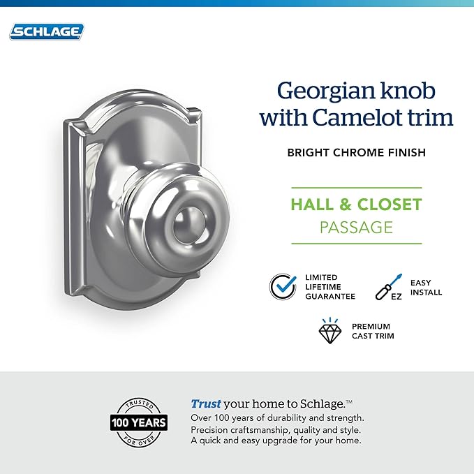SCHLAGE F10 GEO 625 CAM Camelot Collection Georgian Passage Knob, Bright Chrome