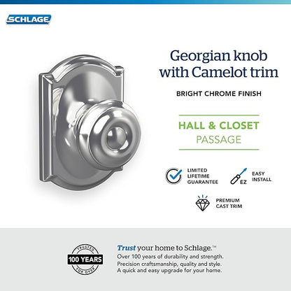 SCHLAGE F10 GEO 625 CAM Camelot Collection Georgian Passage Knob, Bright Chrome