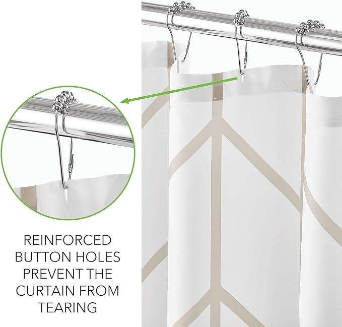 mDesign Fabric Geometric Shower Curtain - Herringbone Chevron Print with Reinforced Buttonholes for Master/Guest Bathroom - Machine Washable & Water Resistant Curtains - 72" x 72" - Beige/White