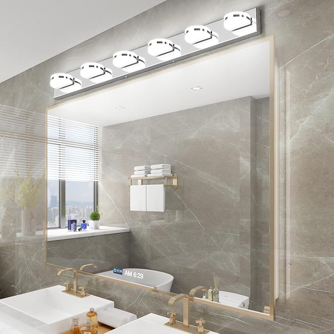 Aipsun 6 Lights Modern Chrome LED Vanity Light Acrylic Stainless Steel Bathroom Wall Light Over Mirror(White Light 6000K)