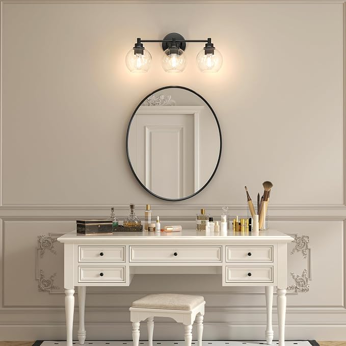 VONLUCE 3 Light Bathroom Vanity Light Fixtures, Black Finish | Globe Glass Shades, E26 Sockets, Easy to install, Vanity Lights for Bedroom Hallway Living Room