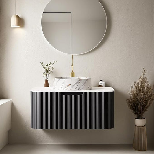 30 Inch Floating Bathroom Vanity with Sink, Natural Solid Wood Modern Bathroom Vanities with Ultra-Thin Marble Sink and Countertop, Soft-Close Design, Pre-Assembled, Black