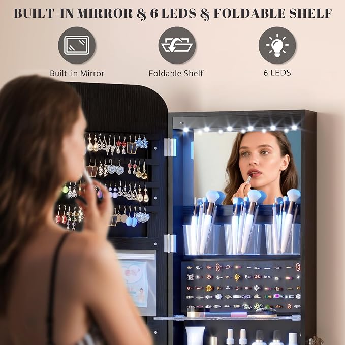 Vlsrka 47.2" Wall/Door Mounted Jewelry Cabinet Organizer Armoire W/Mirror | 6 LEDs, Over The Door Hanging Jewelry Organizer with Rounded Corner Mirror, Lockable Full Length Mirror with Storage, Black