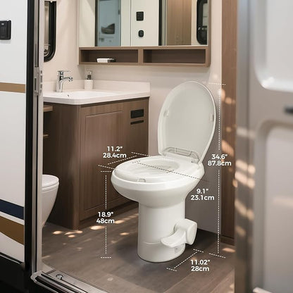 Efficient Gravity-Flush RV Toilet with Quiet-Close, Triple-Jet Flush with Adjustable Water Level, Standard Height and Foot Pedal for RVs, Trailers, and Campers