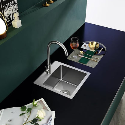 Brushed Topmount Kitchen Sink - 15”×15” Single Bowl Sink | 8 Inch Deep Handmade Bar Sink with Strainer, Stainless Steel 304, Center Drain, X-Groove Drainage, Sound-Dampening Pad