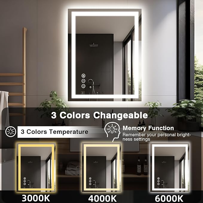 EchosLife 28"x36" LED Bathroom Mirrors for Wall | Backlit + Front Lit, Anti-Fog, Stepless Dimmable, 3 Colors, Memory, Tempered Glass, UL Listed, Horizontal/Vertical