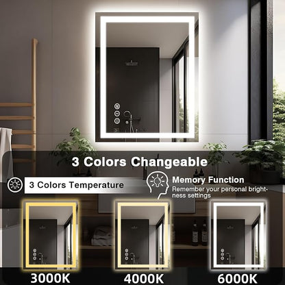 EchosLife 28"x36" LED Bathroom Mirrors for Wall | Backlit + Front Lit, Anti-Fog, Stepless Dimmable, 3 Colors, Memory, Tempered Glass, UL Listed, Horizontal/Vertical