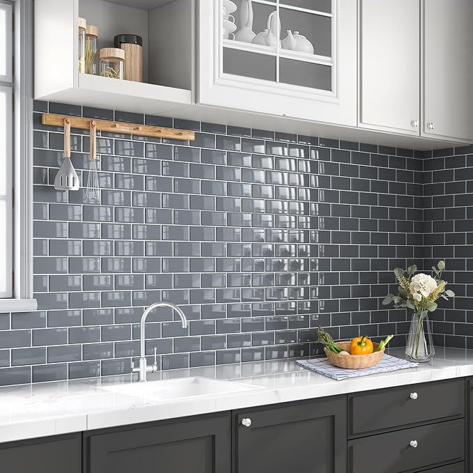 Peel and Stick Backsplash for Kitchen: Self Adhesive Wall Tiles for Bathroom - Vinyl Thick Back Splash Tile (10, Dark Gray)