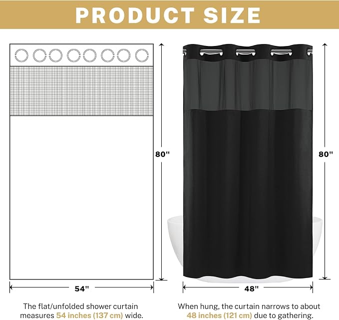 WONICY Stall No Hook Shower Curtain with Liner, Black, 54 x 80 Inch | Ringless, Waterproof & Washable, Hotel Style, Mesh Top Window, Bottom Magnets, Thick, Farmhouse, for Bathroom