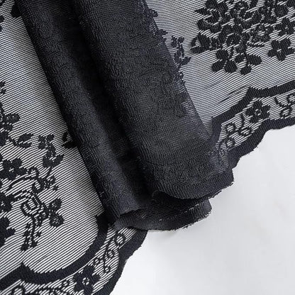 Black Lace Shower Curtain 36x72, Gothic Style for Narrow Shower Stalls | Goth Shower Curtain with Attached Vlance and Scalloped, Floral Lace, Lets in Light for Witchy Victorian Halloween bathrooms