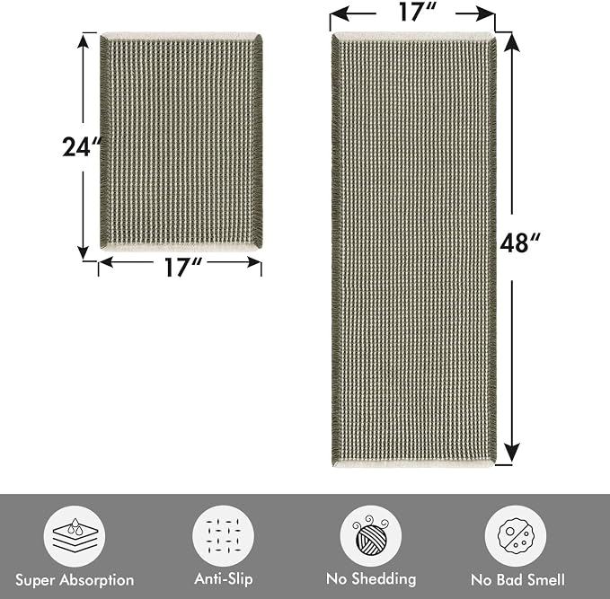MIULEE Set of 2 Waffle Bathroom Rugs Green&Cream Bath Mat 17"x24"+17"x48" | Non Slip, Super Absorbent, Washable, Ultra Soft, Rubber Backed, Small Boho Bath Rug and Bathroom Runner for Floor Tub Shower