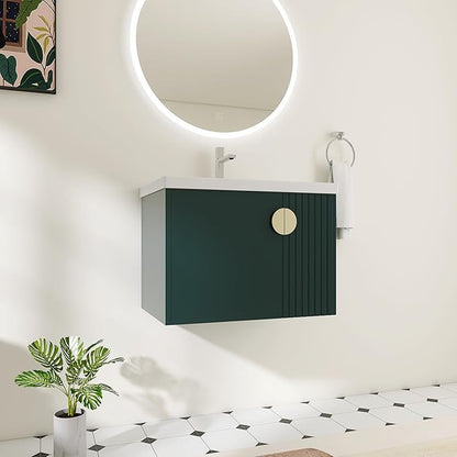 28 Inch Bathroom Vanity with Sink, 28" Floating Vanity with White Glossy Ceramic Sink, Plywood Wooden Bathroom Cabinet with Soft-Close Doors, Modern Wall Mounted Cabinet Set (Green)