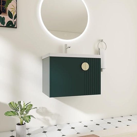 28 Inch Bathroom Vanity with Sink, 28" Floating Vanity with White Glossy Ceramic Sink, Plywood Wooden Bathroom Cabinet with Soft-Close Doors, Modern Wall Mounted Cabinet Set (Green)