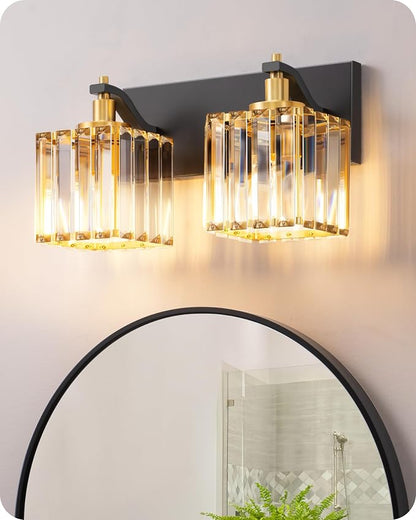 EDISHINE 2-Light Black Gold Bathroom Vanity Light, Crystal Wall Sconce, E26 | Up/Down Reversible, Modern Style, Black Gold Frame, Ideal for Bath, Powder Room
