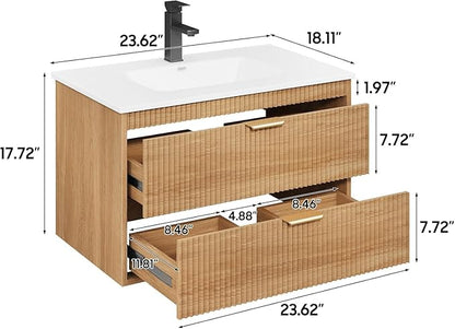 Vabches 24 Inch Bathroom Vanity with Sink, Wood Grain Wall Mounted Vanity with 2 Storage Darwers, Floating Bathroom Vanity with Storage, Bathroom Floating Vanity with Sink, Faucet, Drain, Oak