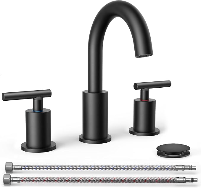 FORIOUS Widespread Black Bathroom Faucets 3 Hole, Matte Black Vanity Faucet | 2 Handle Black Vanity Faucet 3 Holes, 8 Inch bathroom Sink Faucet Black with 360° Rotating Spout, Pop Drain and Supply Line