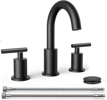 FORIOUS Widespread Black Bathroom Faucets 3 Hole, Matte Black Vanity Faucet | 2 Handle Black Vanity Faucet 3 Holes, 8 Inch bathroom Sink Faucet Black with 360° Rotating Spout, Pop Drain and Supply Line