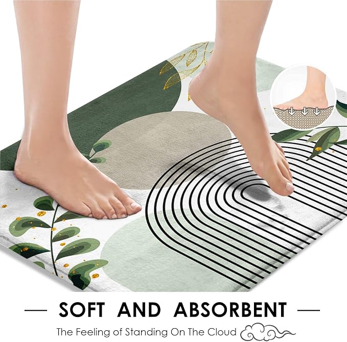 Bathroom Sets with Shower Curtain and Rugs, 4 Pcs, Boho Sage | Green Abstract Botanical Mid Century Bathroom Decor Set with Toilet Lid Cover, Non-Slip Bath Mats and Accessories 12 Hooks