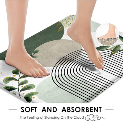 Bathroom Sets with Shower Curtain and Rugs, 4 Pcs, Boho Sage | Green Abstract Botanical Mid Century Bathroom Decor Set with Toilet Lid Cover, Non-Slip Bath Mats and Accessories 12 Hooks