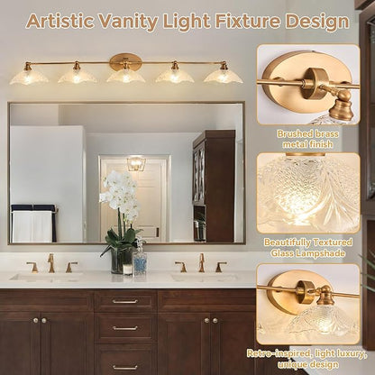 58.65-inch Bathroom Vanity Light, 5-Light Brass Vanity Light, European Classic Luxury Bathroom Mirror Light, E12 Sockets