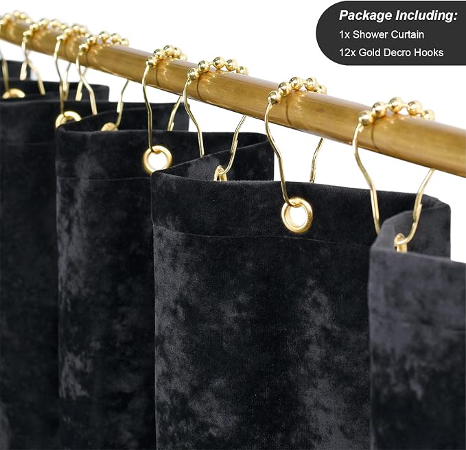 TAMGHO Black Shower Curtain for Bathroom, Luxury Crushed Velvet Shower Curtain Black, Dark Shower Curtain Set with Gold Decro Metal Hooks, Machine Washable Thick Fabric, 72 x 72 inches