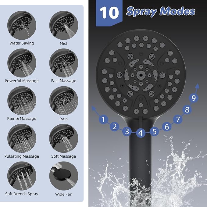 Hibbent Upgraded cUPC Certified 13'' Shower Head Combo, High Pressure 5 Spray Rainfall Showerhead with 10 Sprays Handheld, All Metal 3-way Diverter Shower Arm, 71'' Hose and Holder, Matte Black