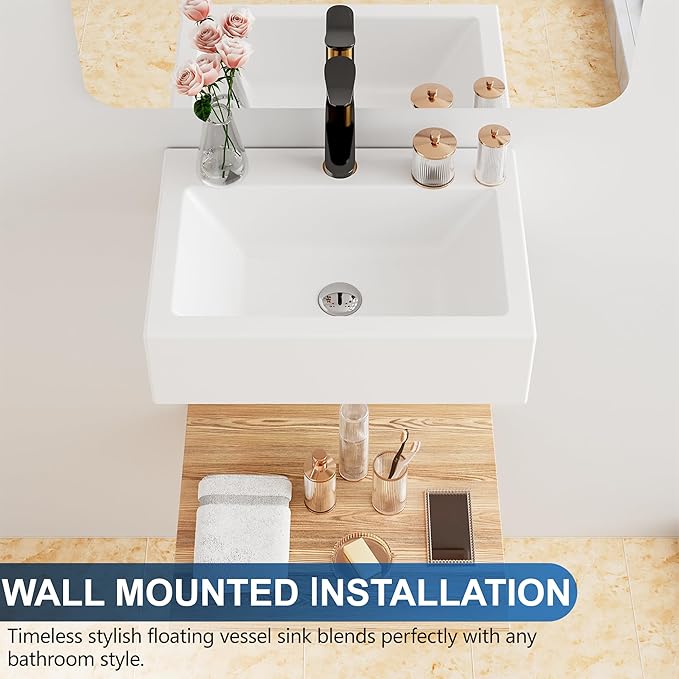 Floating Bathroom Vessel Sink Wall Mount, Hugsleek 16 x 12 inch Rectangle White Porcelain Ceramic Vessel Sink Wall Mounted Hang Bath Sink Bowl Basin Lavatory Vanity Restroom With Faucet Hole